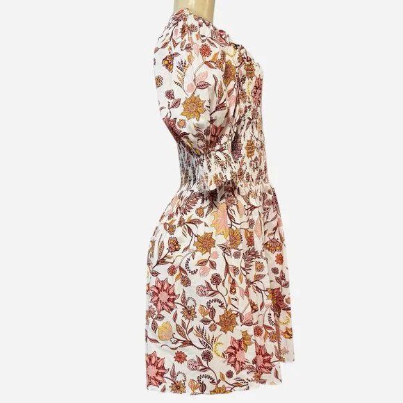 1.STATE REVOLVE Puff Sleeve‎ Smocked Mini Dress Fiesta Floral Batik Orange L - Picture 6 of 11